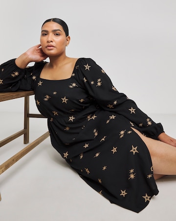 Simply Be Black With Gold Star Embroidered Midi Dress