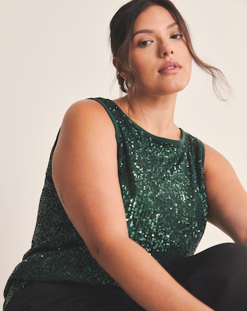 Dark Green Linear Sequin Bow Shoulder Tank Top