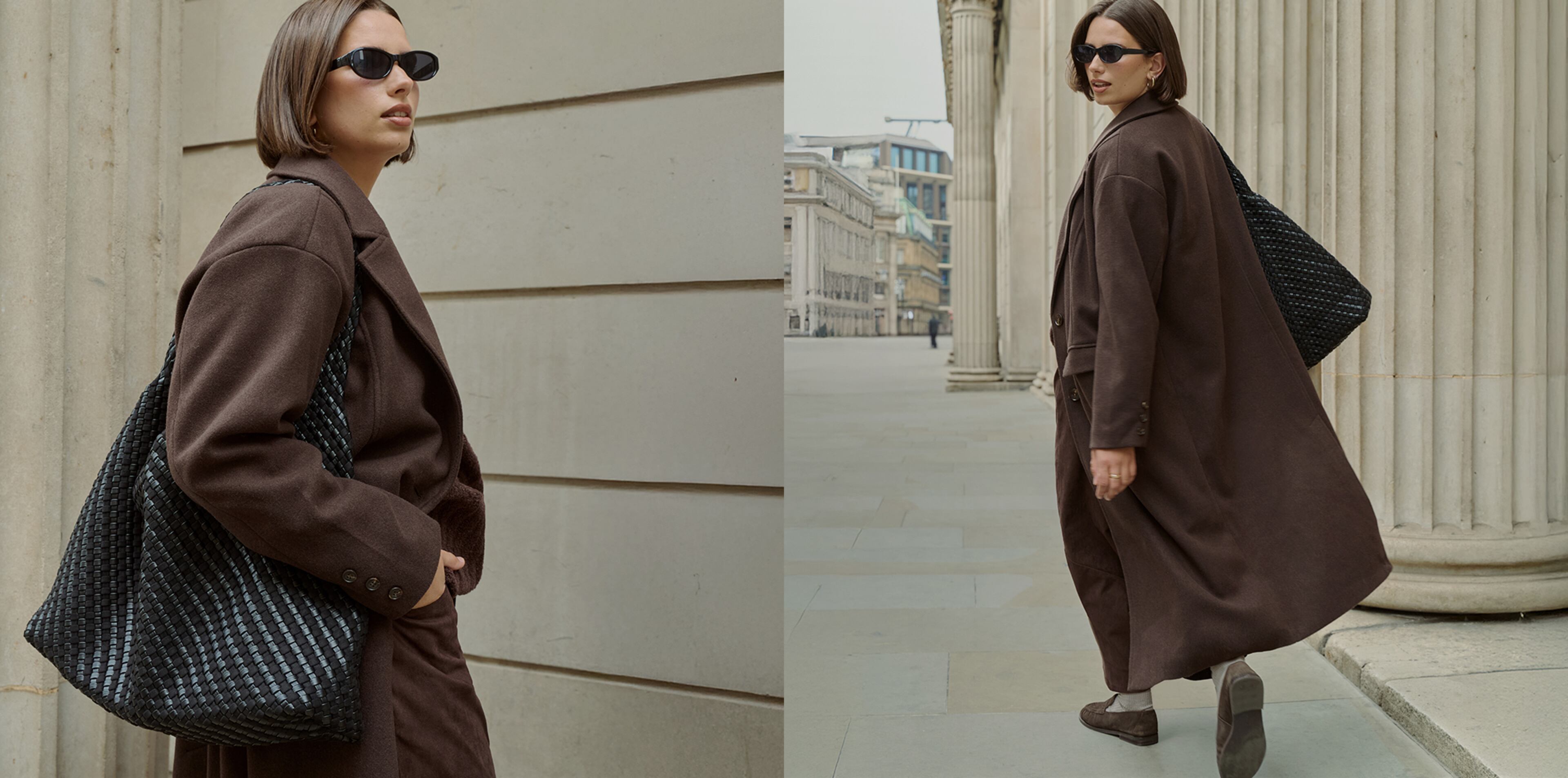 Model wears overcoat and trousers in chocolate