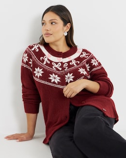 Brushed Yarn Burgundy Fair Isle Crew Neck Cardigan