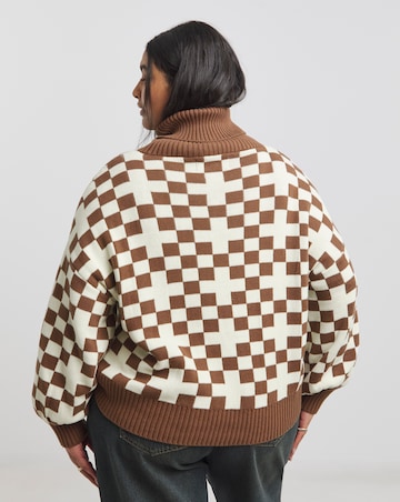 Native Youth Oversized Roll Neck Checkerboard Intarsia Jumper