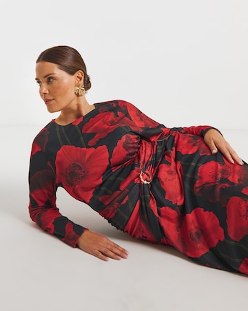 Red Floral Print Mesh Ruched Buckle Detail Midi Dress