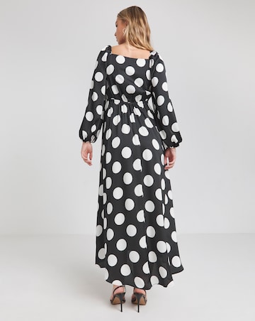 Flounce London Long Sleeve Black White Spot Midaxi Dress