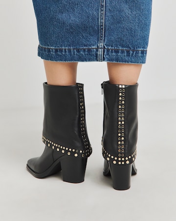 Enid Leather Western Studded Cuff Ankle Boots - Wide Fit (E)
