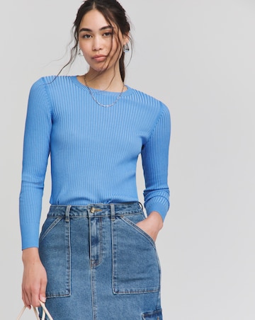 Blue Contrast Rib Crew Neck Jumper