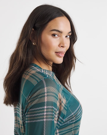 Green Check Print Long Sleeve Mesh Top