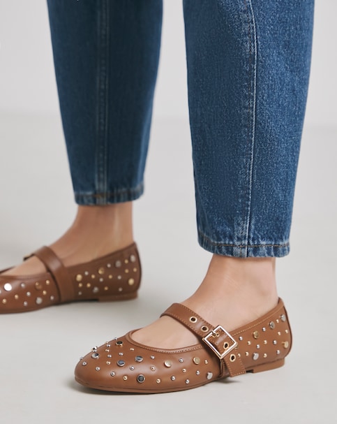 Detroit Embellished Studded Mary Jane Flat Shoes - Wide Fit (E)