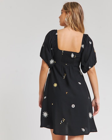 Black Embroidered Celestial Skater Dress