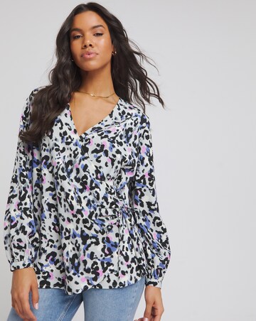 Sage Animal Print Tie Front Relaxed Wrap Blouse