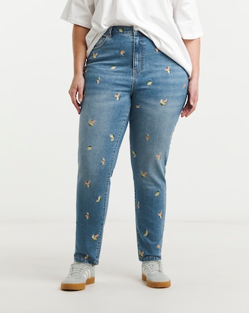 Mid Blue Fruit Embroidered Slim Mom Jeans