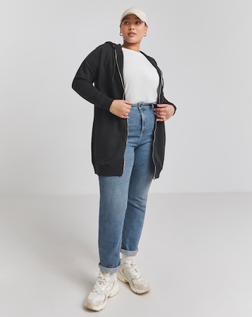 Basic Black Zip Through Longline Tunic Hoodie