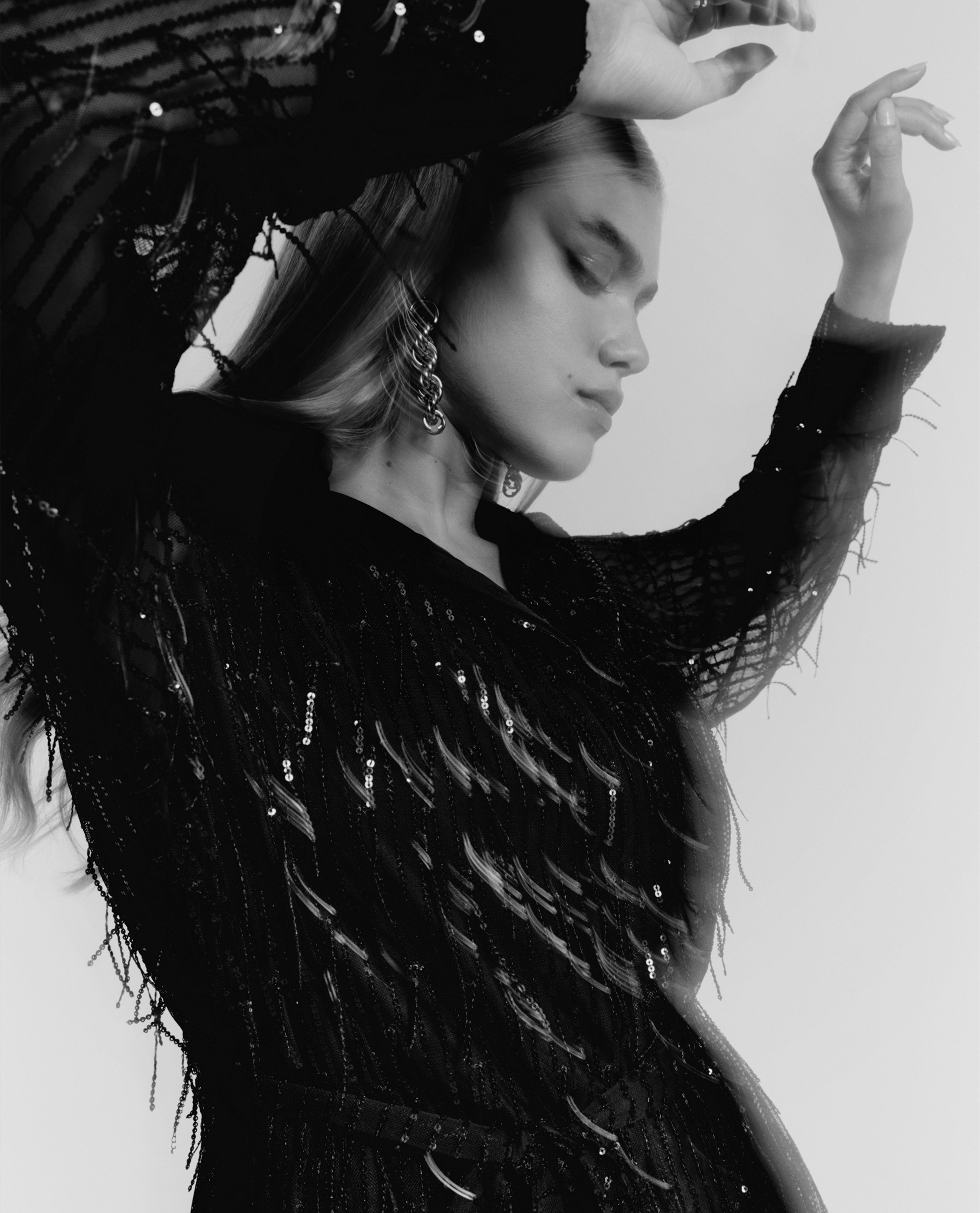 model wearing dress black & white shot