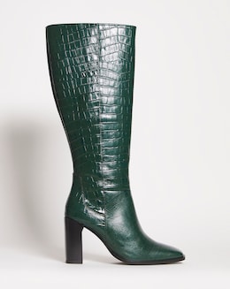 Mao Leather Square Toe Heeled Knee Boots - Extra Wide Fit (EEE) &amp; Standard Calf