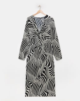 Mono Swirl Print Plisse Twist Front Midaxi Dress
