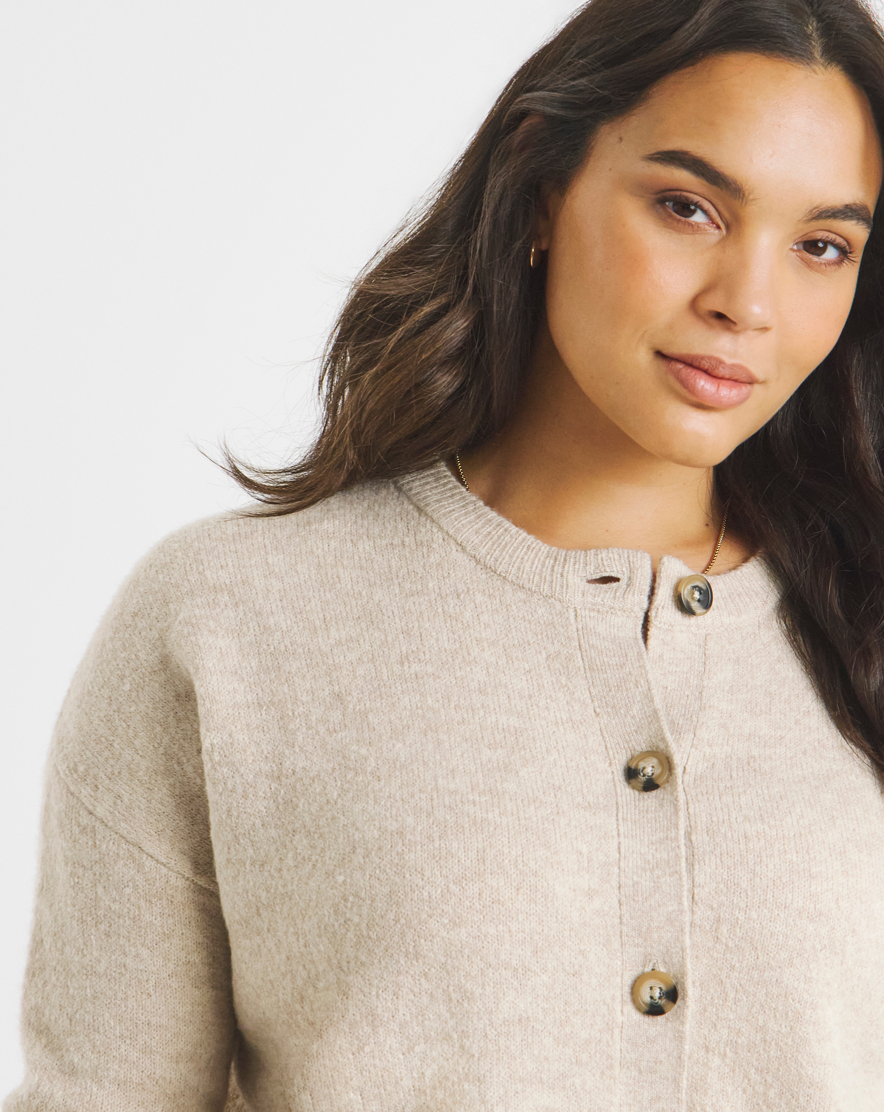Cosy Yarn Oatmeal Crew Neck Cardigan | Simply Be
