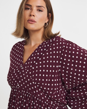 Burgundy Spot Printed Waist Detail Midi Dress
