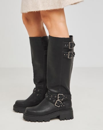 Hendrix Chunky Multi Buckle Calf Height Biker Boots Wide E Fit Super Curvy Calf