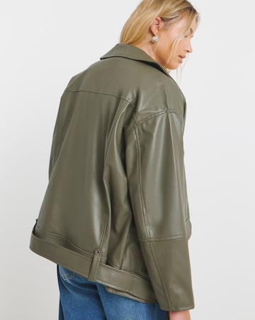 Sage Faux Leather Oversized Belted Biker Jacket