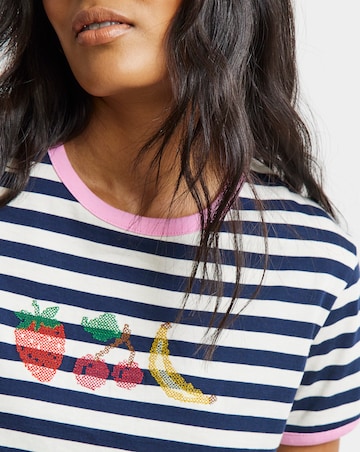 Simply Be Navy & Ivory Stripe Cross Stitch Embroidered T-Shirt