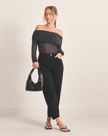 Black Hot Fix Mesh Bardot Top
