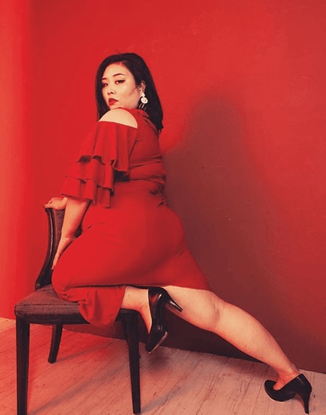 Taylor Tan in red dress
