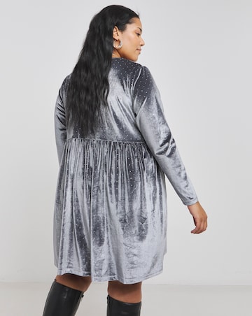 Silver Grey Velour Hotfix Smock Dress