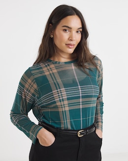 Green Check Print Long Sleeve Mesh Top