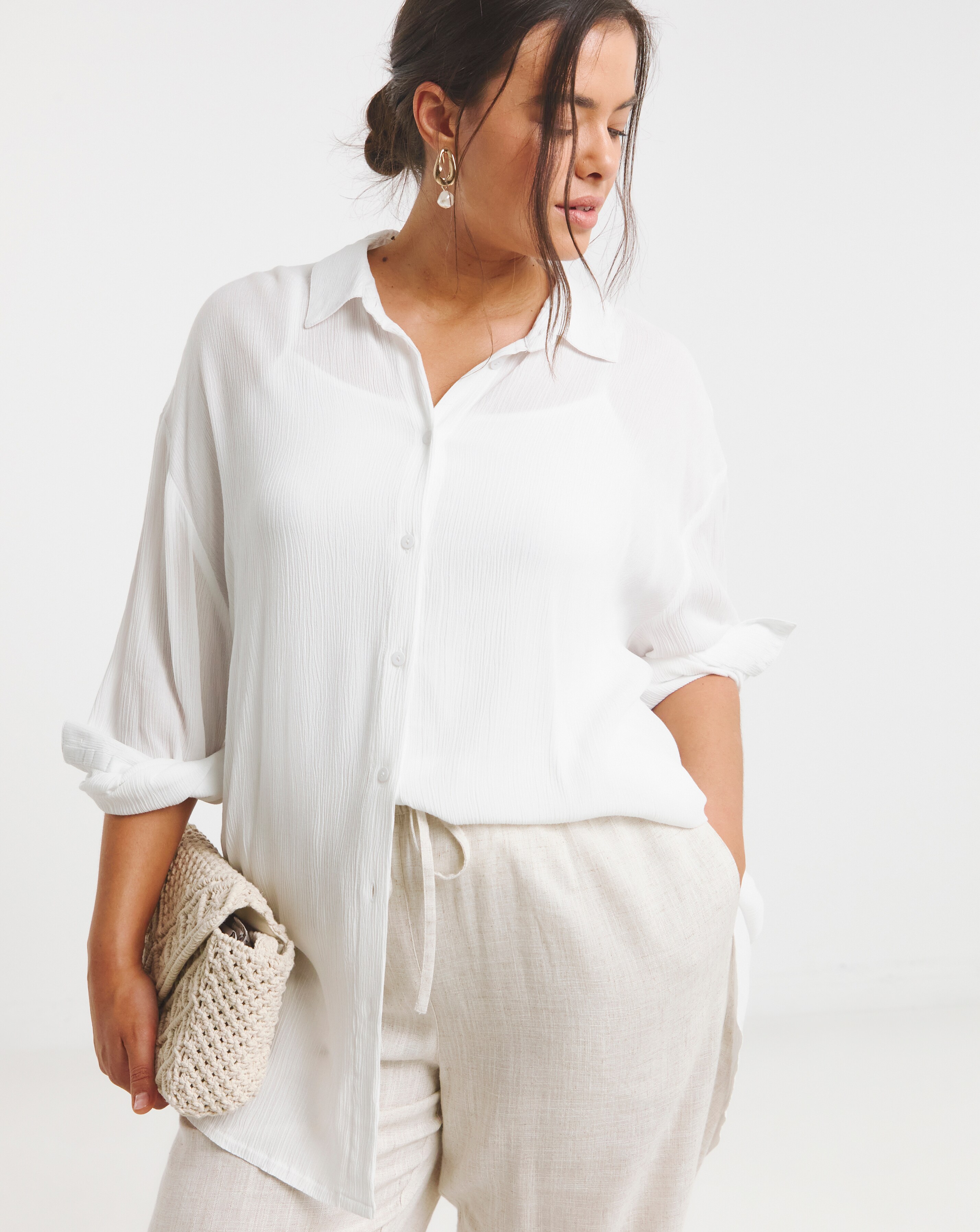 Simply Be White Long Sleeve Crinkle Shirt