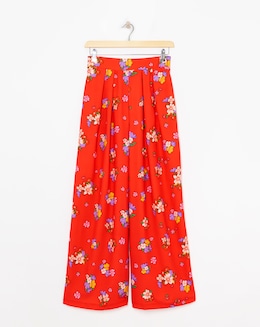 Twisted Wunder Red Floral Wide Pleat Pull On Trouser