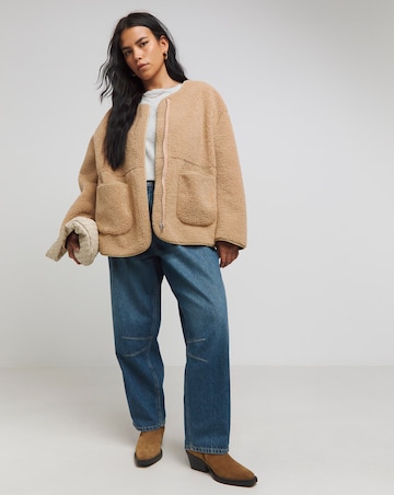 Natural Round Neck Zip Through Borg Jacket