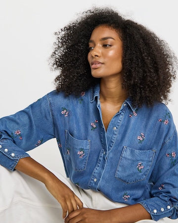 Mid Wash Floral Embroidered Shirt with Lyocell