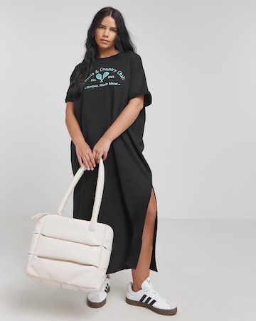Black Cotton Jersey Graphic Short Sleeve Midi T-Shirt Dress