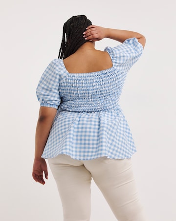 Gingham Puff Sleeve Shirred Peplum Top
