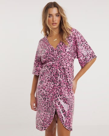 Pink Leopard Print Sequin Wrap Dress