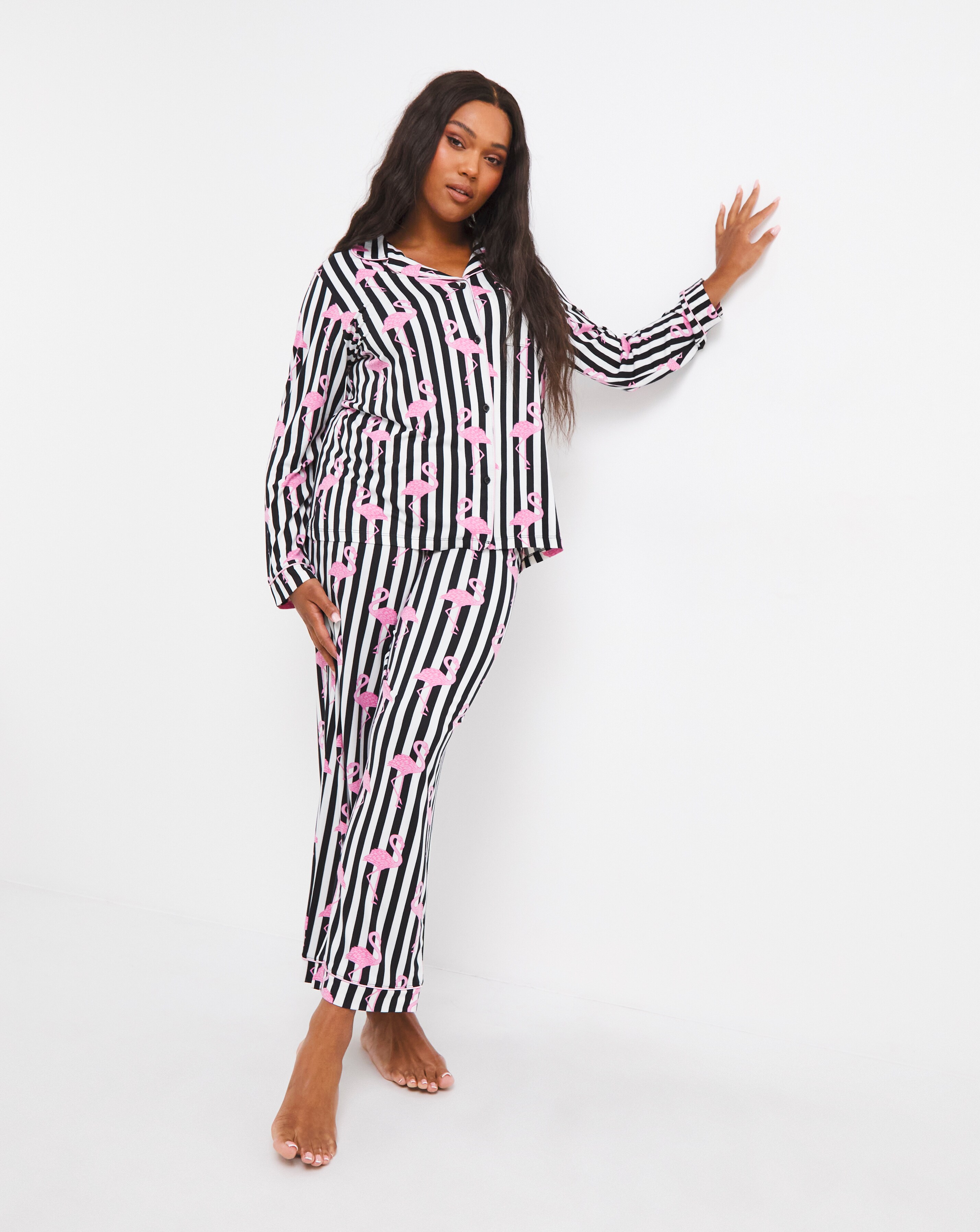Exclusive To Us Chelsea Peers Jersey Flamingo Print Long Pyjama Set Simply Be