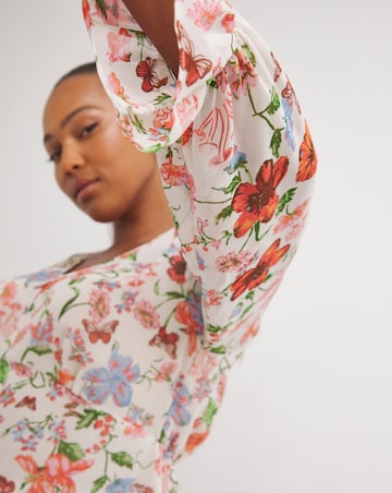 Ivory Floral Print V Neck Long Sleeve Chiffon Blouse