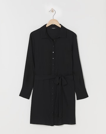 Black Tie Waist Long Sleeve Skater Shirt Dress