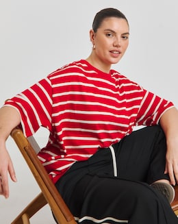 Red &amp; Ecru Stripe Pure Cotton Crew Neck T-Shirt