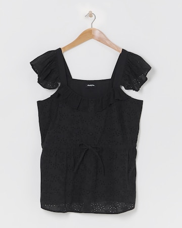 Simply Be Black Broderie Blouse With Frill Sleeve