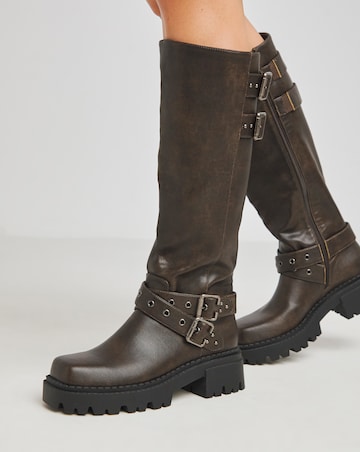Hendrix Chunky Buckle Calf Height Biker Boots - Wide Fit (E) & Super Curvy Calf