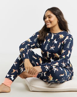 Chelsea Peers Jersey Crew Neck Christmas Dog Print Pyjama Set