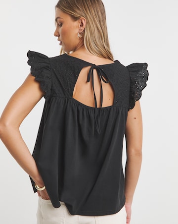 Black Broderie Frill Sleeve Top with Tie