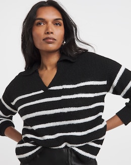 Cosy Yarn Black &amp; Ivory Stripe V-Neck Collared Jumper