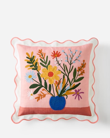 Lynn Embroidered Floral Vase Cushion with Scalloped Edges