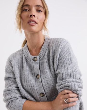 Cosy Yarn Grey Marl Crew Neck Ribbed Cardigan