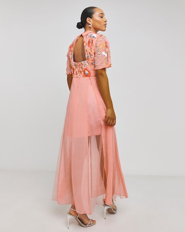 Boutique Peach Floral Angel Sleeve Embroidered Maxi Dress