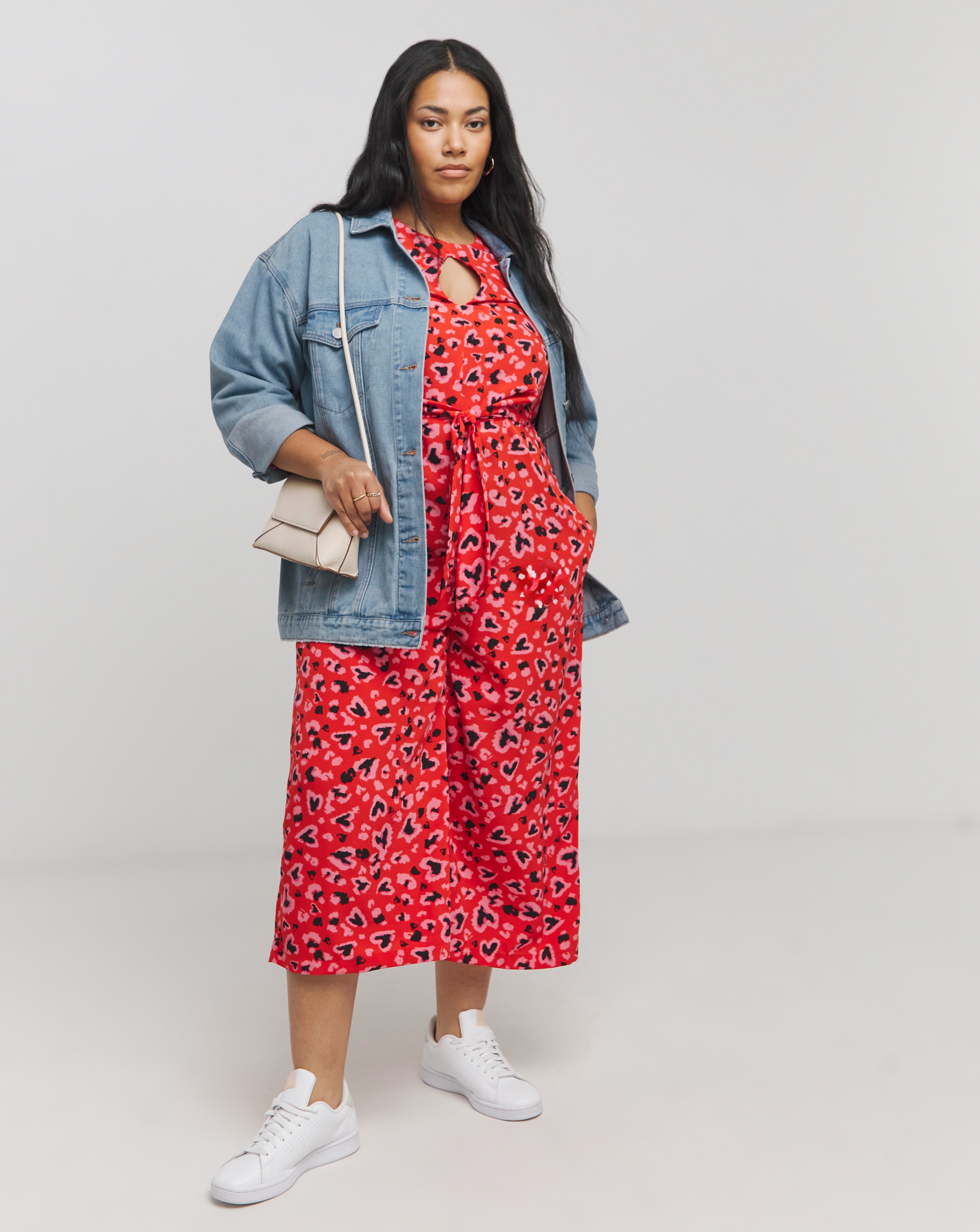 Mixed Animal And Heart Printed Tie Front Wide Leg Jumpsuit