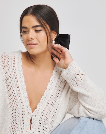 Cream Pointelle Fluffy Scallop Edge Cardigan