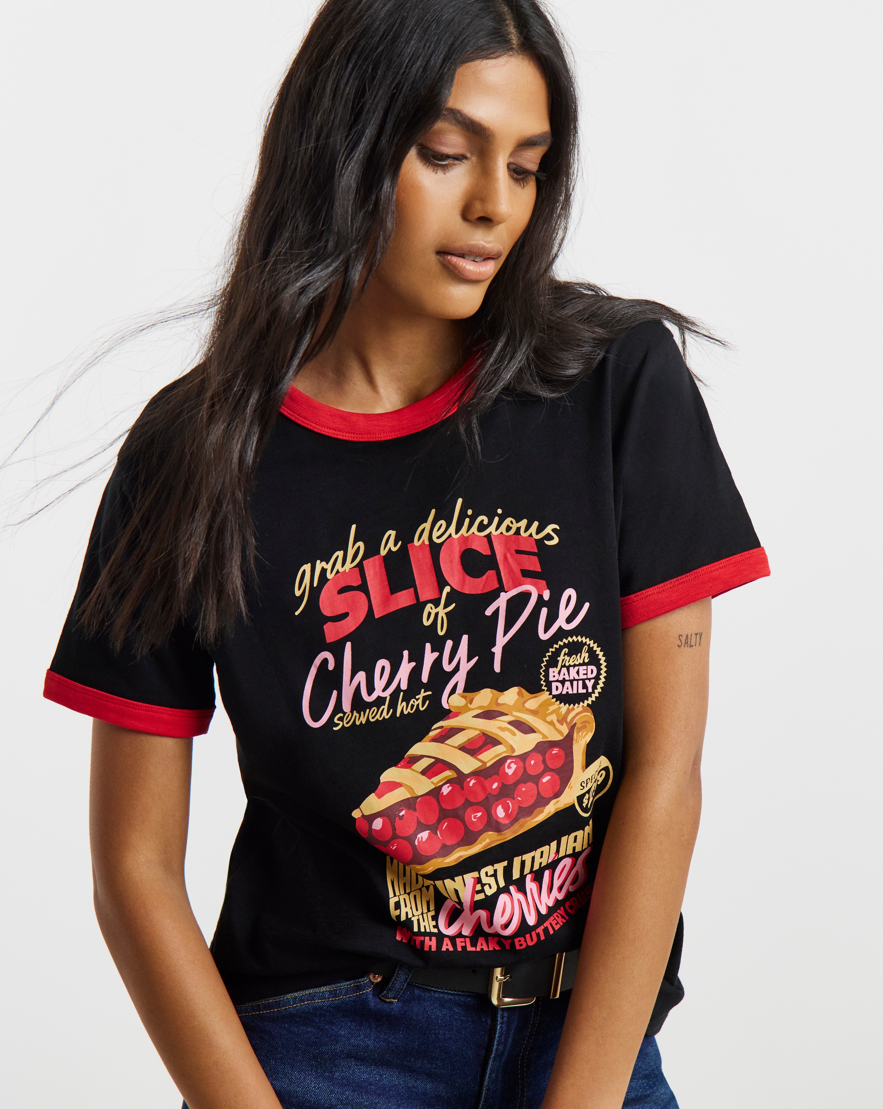 Simply Be Black Cherry Pie Graphic Ringer T-Shirt | Simply Be