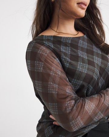 Burgundy & Pink Check Print Mesh Scoop Back Top